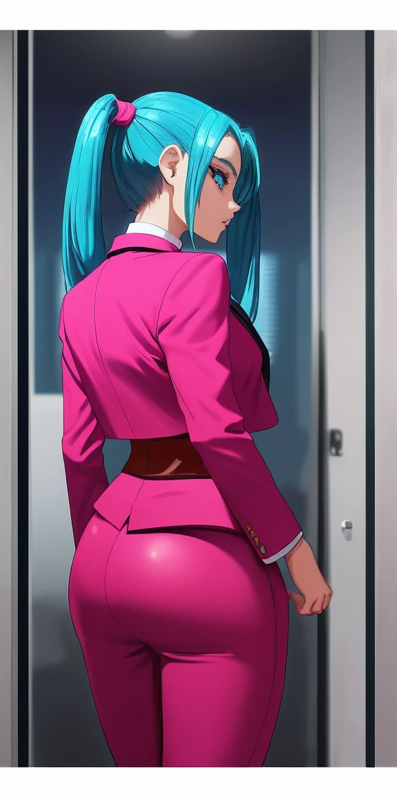 shot from behind of a woman similar to Bulma, en un cuarto, He is wearing a tight blue suit with a plunging collar and a small pink jacket over it.. El traje resalta mis curvas de forma favorecedora. My long hair is tied in two high pigtails., adornadas con unos lacitos rojos. My eyes are made up with a touch of vibrant blue shadow and I&#39;m wearing big, statement earrings.. Por supuesto, I also have the famous dragon radar in my hands. closeup from behind, ((showing the ass))