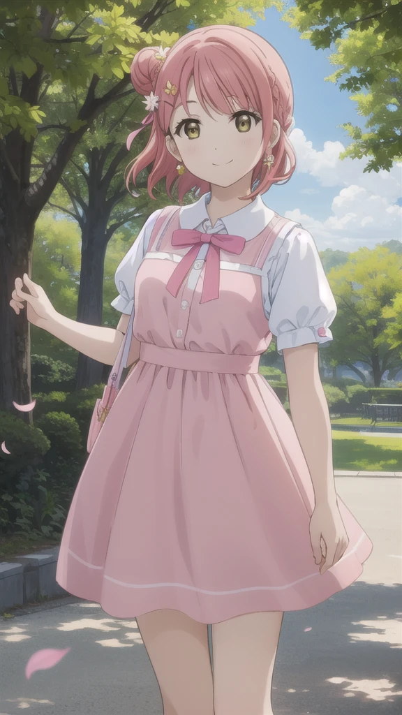 (best quality, masterpiece:1.2), 1girl, solo, (cowboy shot:1.4), looking at viewer,  glow eyes, (light on face:1.2), smile, sky, cloud, trees, flower, pink flowers, outdoors, sunlight,
uehara ayumu, drwy dress, yellow eyes, bangs, pink hair, hair bun, single side bun, pink dress, medium hair, pantyhose, bow, petals, short sleeves, earrings, jewelry, ribbon, hair ornament,