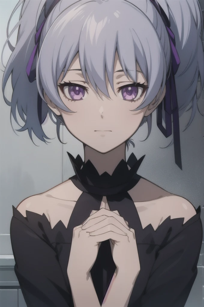 masterpiece, Highest quality, Movie stills, One girl, alone, View your viewers, Upper Body, , Anime Coloring, , Are doing_dark_than_black, Grey Hair, Purple eyes, ponytail, black dress,