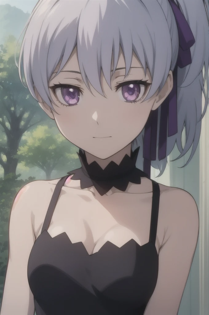 masterpiece, Highest quality, Movie stills, One girl, alone, View your viewers, Upper Body, , Anime Coloring, , Are doing_dark_than_black, Grey Hair, Purple eyes, ponytail, black dress,