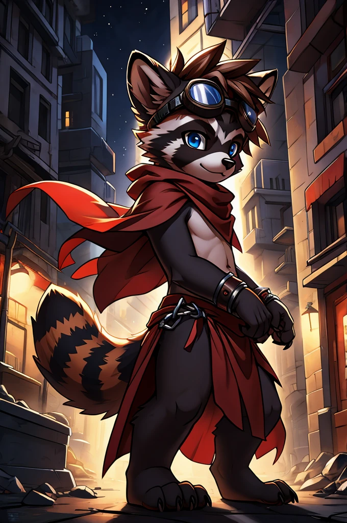 feno lighting, deep shadow, dynamic angle, masterpiece, high quality, hi res, solo, young Furry, furry, young, raccoon, spiked brown hair only on head, red scarf, blue eyes, goggles, chain harness, red loincloth, red cape, masterpiece, detail body, fur all over body, detailed face, detailed eyes, detailed hands, Skinny, claws, high resolution, metal cuffs on wrists, no shirt, no underwear, city, night, street, side view