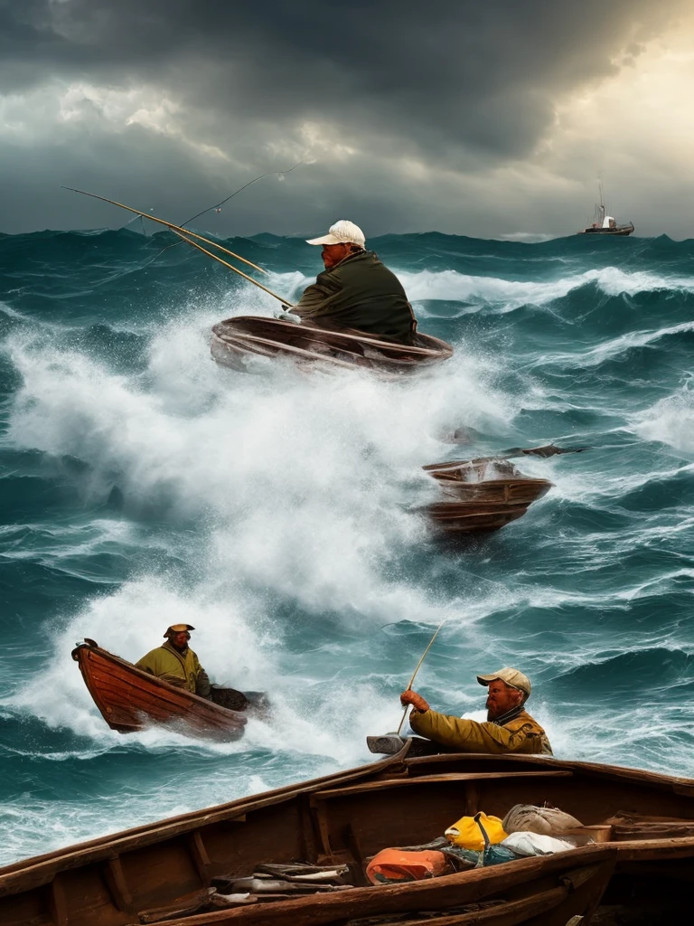 Create the image of a fisherman grandfather, who sits in a falling apart boat during a storm.