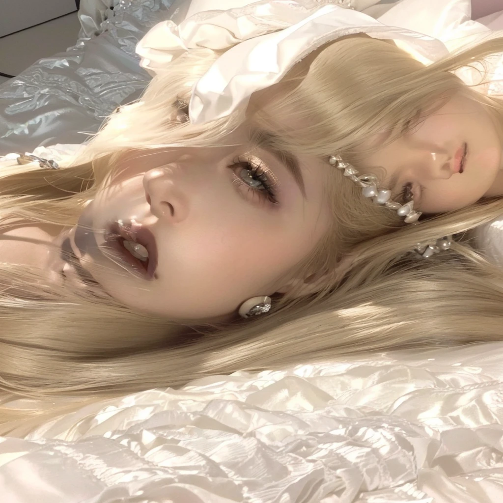 blond woman laying on a bed with a white blanket and a white teddy bear, ava max, anime vibes, cl, shikamimi, sexy face with full makeup, belle delphine, ✨🕌🌙, heavy makeup, portrait of kim petras, lalisa manobal, ann takamaki, light makeup, sultry look, by Ayami Kojima, Lisa black pink, Jennie, kpop idol, coquette