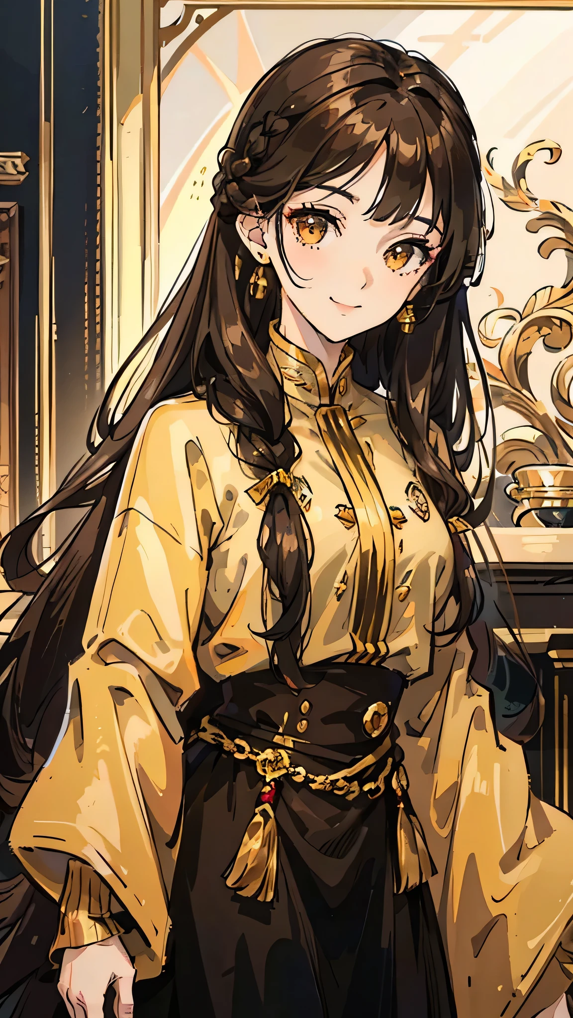 Woman , long dark brown hair, long dark brown hair , golden eyes, golden eyes, FOV, f1.8, masterpiece, front portrait shot, black and gold casual modern clothing, plain gold colored background, close up, smiling, front bangs, front bangs, bangs, braid on the left side of hair, full front bangs, full body