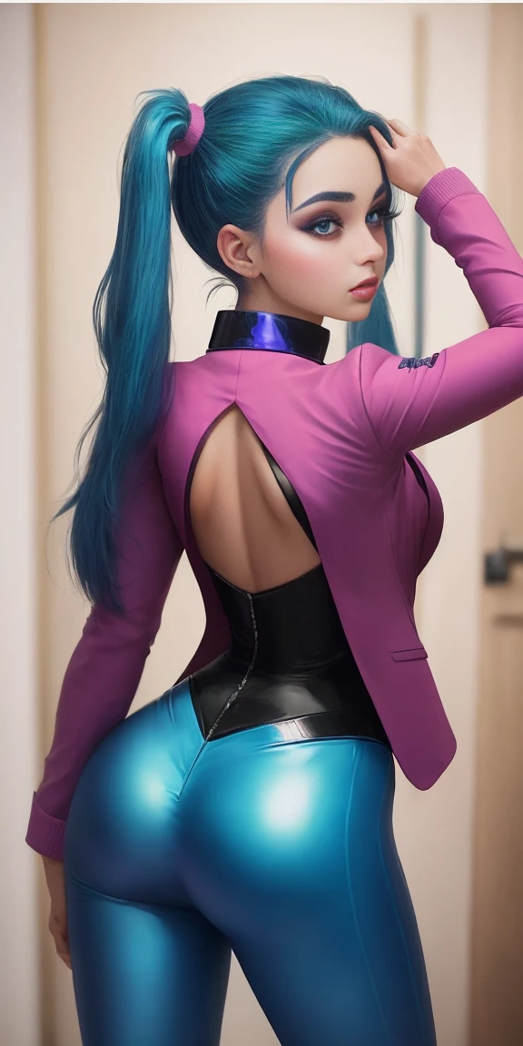 shot from behind of a woman similar to Bulma, en un cuarto, He is wearing a tight blue suit with a plunging collar and a small pink jacket over it.. El traje resalta mis curvas de forma favorecedora. My long hair is tied in two high pigtails., adornadas con unos lacitos rojos. My eyes are made up with a touch of vibrant blue shadow and I'm wearing big, statement earrings.. Por supuesto, I also have the famous dragon radar in my hands. closeup from behind, ((showing the ass))