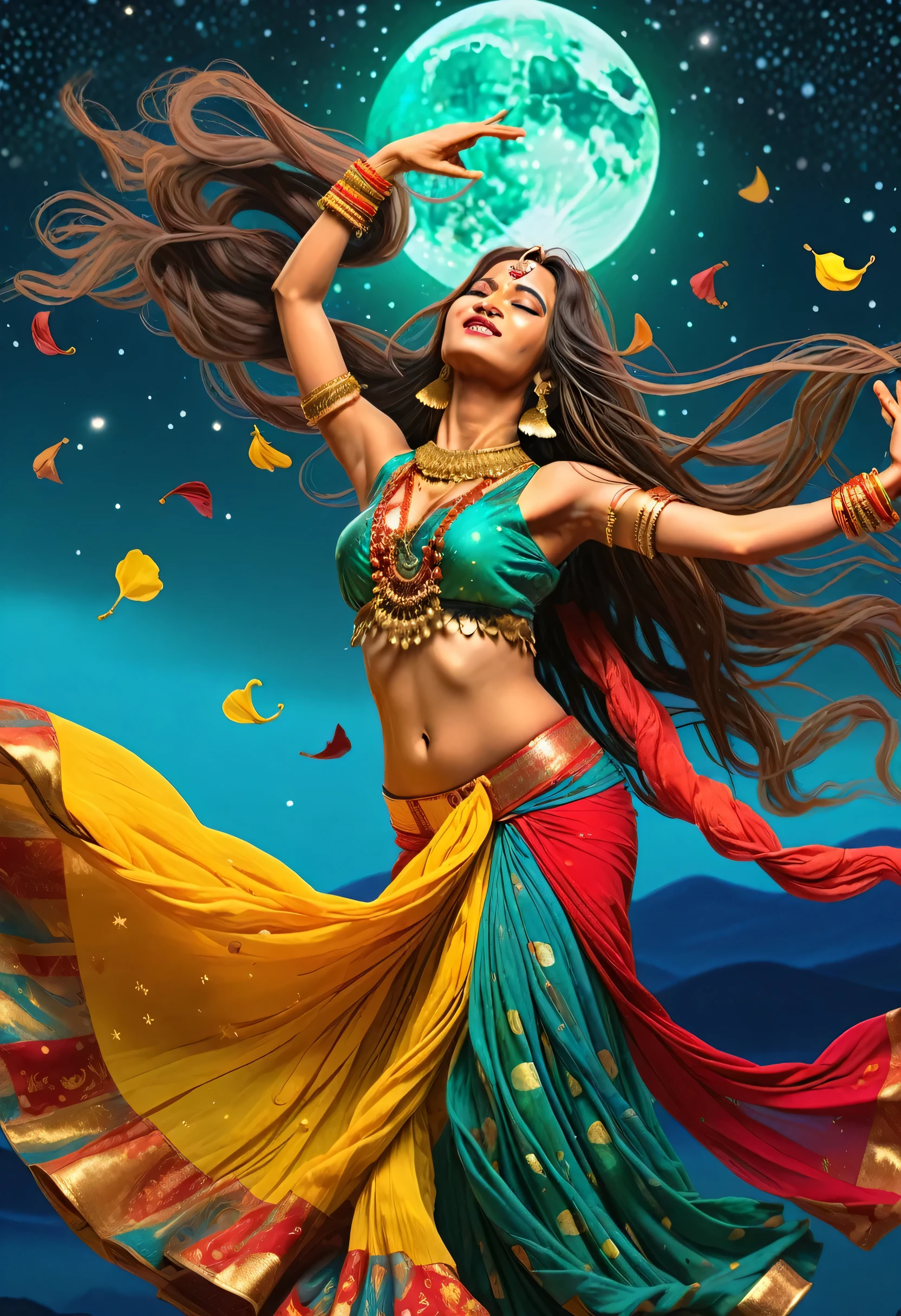 A female goddess dancing belly dance, Violent dancing pose、My hair is messy、Vishnu、sea-blue Indian traditional clothing、Red and yellow gradient outfit、 Pastel sky、Starry Sky、Spice Flower、 ginkgo leaf, Slope, Slope background, Slope sky, Indian traditional clothing、Hinduism、Slit eyes、Long Hair, moon, Spring background, Many colours in the sky, alone, Starry Sky、 Twilight, Many color background, Chaotic colored sky, Malachite's Theme, Pop Surrealism , Highest quality、Drawing paper texture、pop surrealism
pop art
drawing、Fractal Art