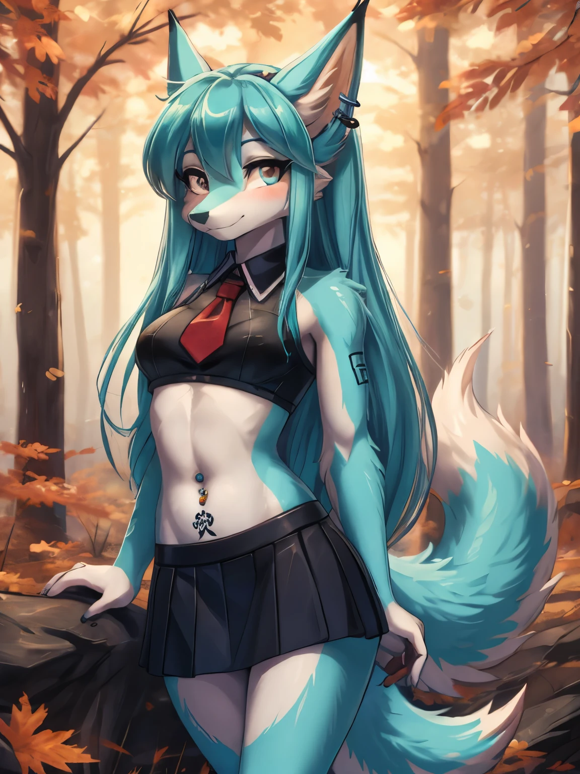Chica anime, anime style, cute hatsune miku x suicune, shy girl , Orejas de Kitsune, arte de dark natasha, autum forest landscape, arte de vixen aztra, cuerpo completo, patas hermosas, cintura delgada, caderas amplias, piernas torneadas, hermosa, foto de cuerpo completo, sensual navel blouse, black mini skirt, navel piercing, ear piercing, navel tattoo, shy pose, beatifull and detailed hands, cheerleader