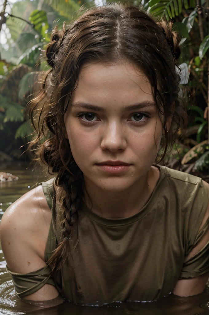 Hyper-cinerealistic half-body-shot photo. Muddy ager Daisy Ridley, with fluffy messy brown long hair soaked-wet and tied in a rough bun, is pronning in a jungle river. She is wearing a military hyper-tight dripping-wet tee-shirt sticking to the skin. Hyper-cine-realistic face and body. Hyper-intricate details in the hair. Lots of details on the skin, the face, and the environment. 8K, HDR quality. Hyper-cine-realism.