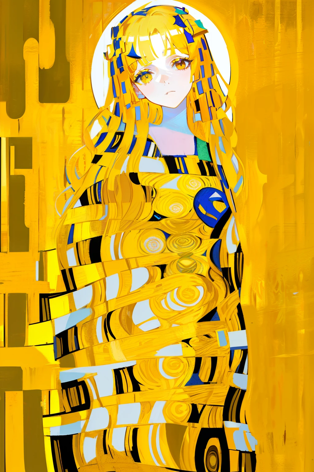 (Gustav Klimt style:1.05), ((masterpiece)), (((best quality))), (illustration | simple lighting), intricate, 8k, HD, FXAA, (absurdres), (simple shadows), ((simple shading)), (golden hair | long hair | hair ornaments), ((lifeless look, empty look)), yellow eyes, (yellow eyelashes:1.0), (colored eyelashes), (long yellow dress:0.9), (((full height)))