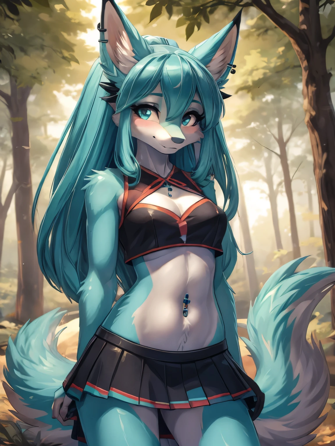 Chica anime, anime style, cute hatsune miku x suicune, shy girl , Orejas de Kitsune, arte de dark natasha, autum forest landscape, arte de vixen aztra, cuerpo completo, patas hermosas, cintura delgada, caderas amplias, piernas torneadas, hermosa, foto de cuerpo completo, sensual navel blouse, black mini skirt, navel piercing, ear piercing, navel tattoo, shy pose, beatifull and detailed hands, cheerleader