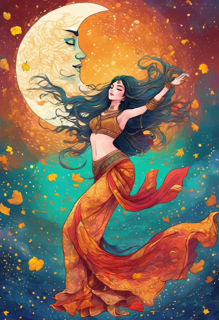 A female goddess dancing belly dance, Violent dancing pose、My hair is messy、Vishnu、sea-blue Indian traditional clothing、Red and yellow gradient outfit、 Pastel sky、Starry Sky、Spice Flower、 ginkgo leaf, Slope, Slope background, Slope sky, Indian traditional clothing、Hinduism、Slit eyes、Long Hair, moon, Spring background, Many colours in the sky, alone, Starry Sky、 Twilight, Many color background, Chaotic colored sky, Malachite's Theme, Pop Surrealism , Highest quality、Drawing paper texture、pop surrealism
pop art
drawing、Fractal Art