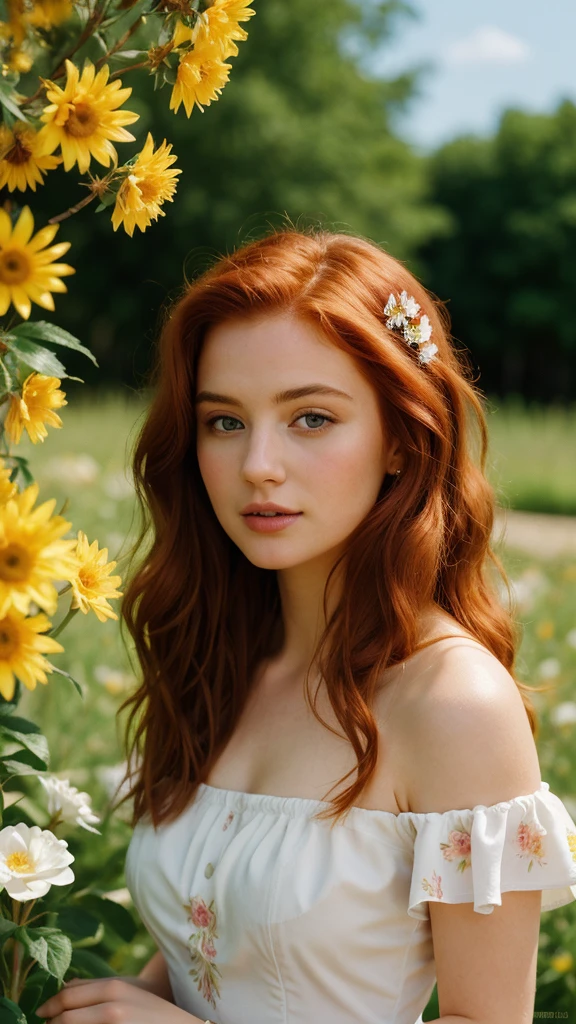 (((Masterpiece))), 25-year-old Caucasian French girl with shoulder-length messy red hair, adorned with , blooming hair akin to a royal . Captured in the best quality, this illustration serves as a 4K wallpaper, white short dress with floral patterns, sunny day.