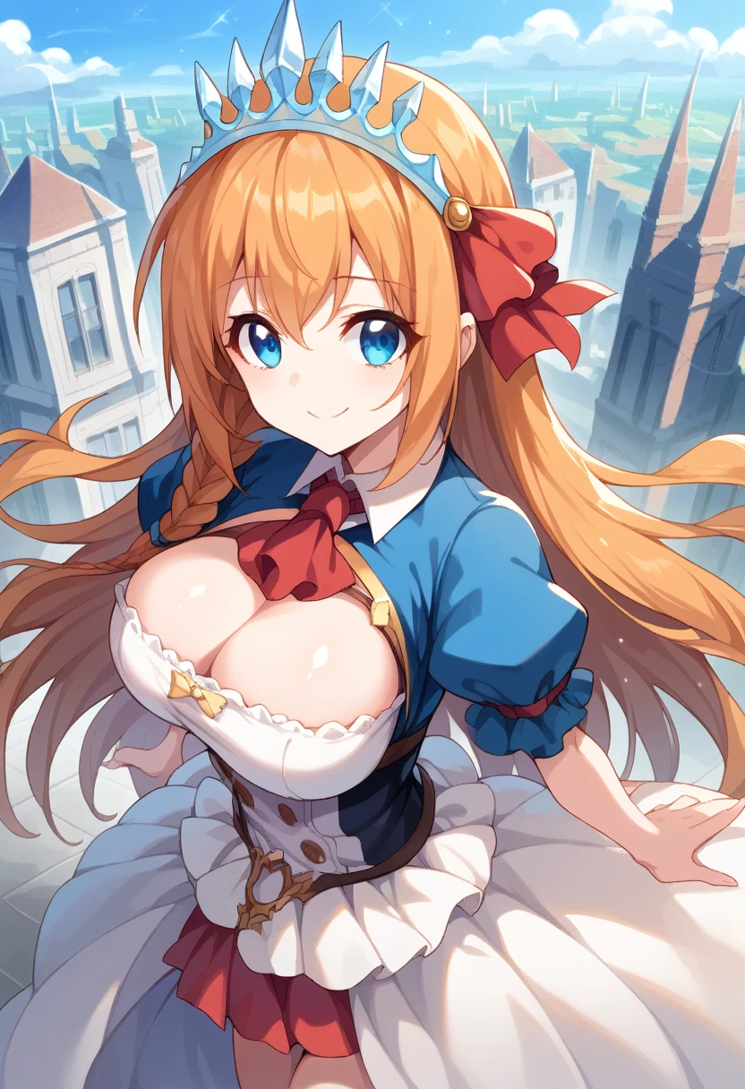 anime style, high view, pecorine, mature female, blue eyes, big chest, hair ornament, long hair, orange hair, tiara, braid, hair braid, standing, smile, hand back body, city, future city theme, Volumetric light, Volumetric particles,