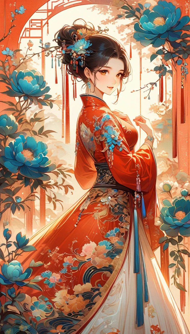 A beautiful young woman in traditional Chinese attire, sweet smile, from back, eyes look at other side, fashion pose, charming and attractive sexy pose, surrounded by a lush garden. gazing at it with gentle eyes. The woman's hair is styled in an elaborate updo adorned with flowers and traditional ornaments. Her dress is elegant, featuring fine silk with floral embroidery. The garden is in full bloom, with peonies and other flowers providing a backdrop. The scene captures the serenity and beauty of classical Chinese art, with a touch of nature harmony, (((Ultra-high saturation, high natural saturation, extremely bright colors)))