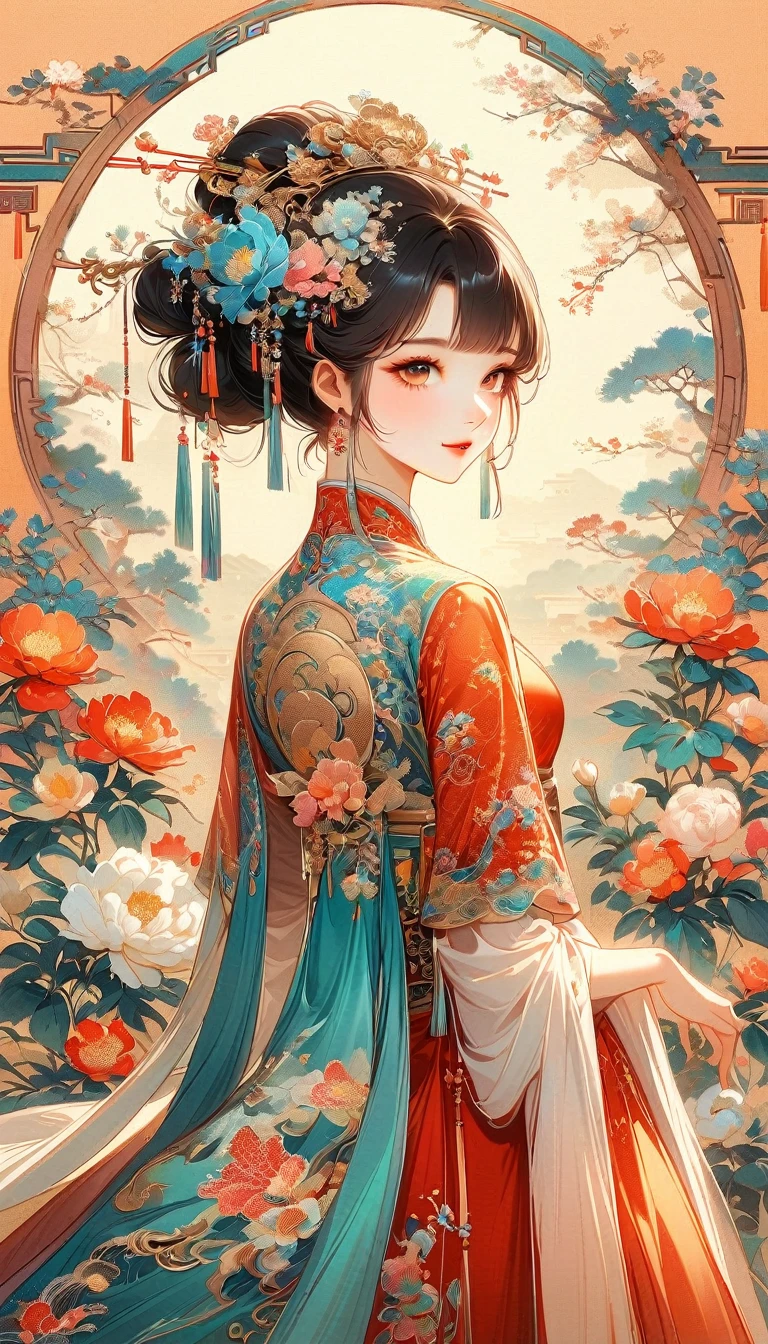 A beautiful young woman in traditional Chinese attire, sweet smile, from back, eyes look at other side, fashion pose, charming and attractive sexy pose, surrounded by a lush garden. gazing at it with gentle eyes. The woman's hair is styled in an elaborate updo adorned with flowers and traditional ornaments. Her dress is elegant, featuring fine silk with floral embroidery. The garden is in full bloom, with peonies and other flowers providing a backdrop. The scene captures the serenity and beauty of classical Chinese art, with a touch of nature harmony, (((Ultra-high saturation, high natural saturation, extremely bright colors)))
