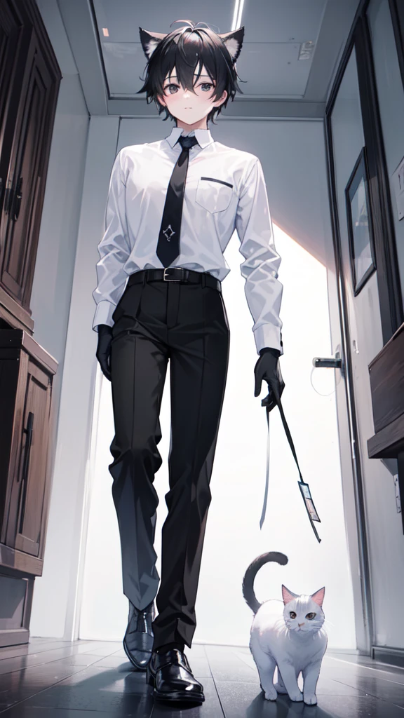 18-year-old boy,cute,Wear a white long-sleeved shirt and a black work tie,Wear black pants,Wear black booties,Wear white gloves,wear cat ear,Black hair,Black eyes