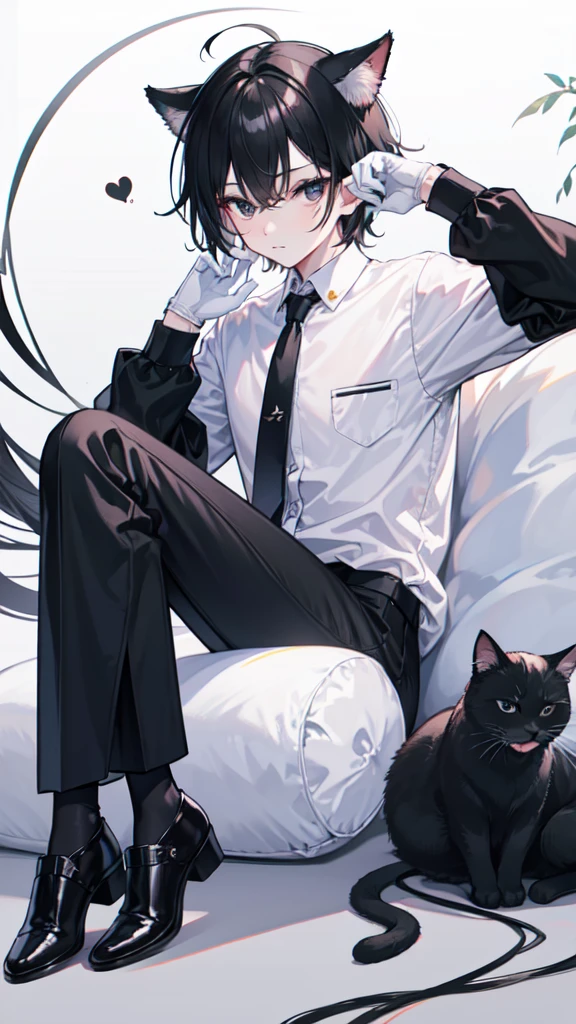 18-year-old boy,cute,Wear a white long-sleeved shirt and a black work tie,Wear black pants,Wear black booties,Wear white gloves,wear cat ear,Black hair,Black eyes