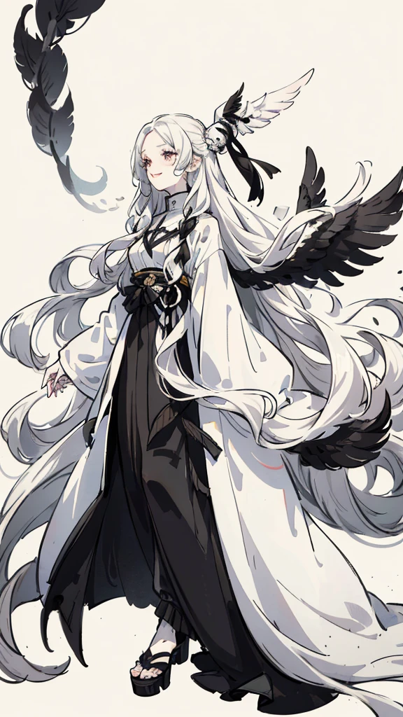 Woman , long wavy white hair, long wavy white hair , long wavy hair, long wavy hair, black eyes, black eyes, FOV, f1.8, masterpiece, front portrait shot, black and white casual modern clothing, plain white colored background with black feathers, black feathers floating, close up, smiling, full body
