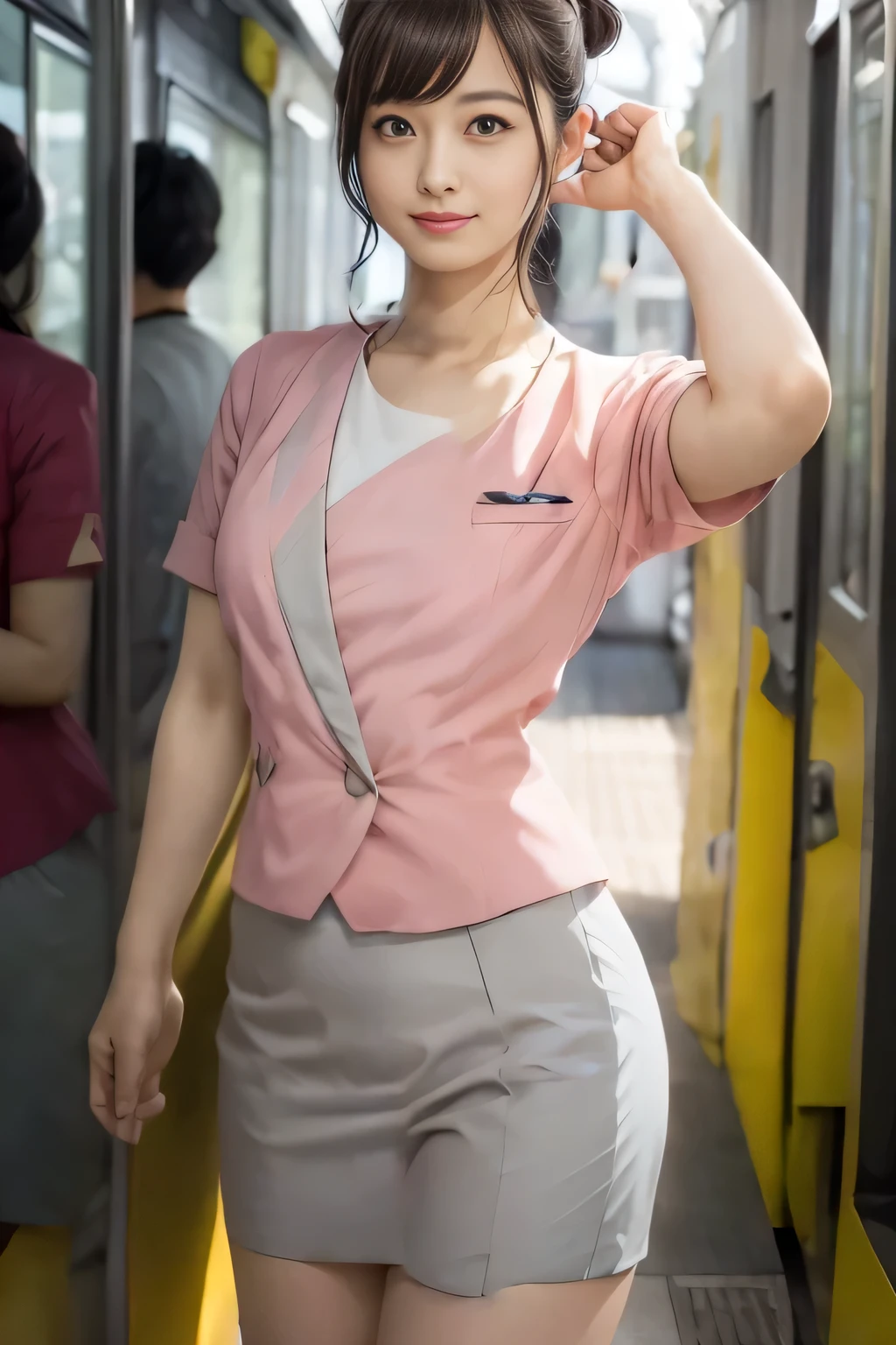 (masterpiece:1.2, Highest quality:1.2), 32K HDR, High resolution, (alone、1 girl)、（On the rooftop of a building in the daytime、Professional Lighting）、Building rooftop background、（Nankai train crew uniform pinkを着たリアルスタイル）、（Nankai train crew uniform pink short sleeve collarless pink jacket、Nankai Train Crew Uniform Pink Collarless Short Sleeve Blouse、Nankai Train Crew Uniform Pink Grey Knee-length Culottes）、（（The bottom of the pink short-sleeved jacket cannot be tucked into the clay-colored culottes.））、Dark brown hair、（Hair tied up、Hair Bun、Hair Bun）、Dark brown hair、Long Shot、Big Breasts、Thin legs、（（Great hands：2.0）），（（Harmonious body proportions：1.5）），（（Normal limbs：2.0）），（（Normal finger：2.0）），（（Delicate eyes：2.0）），（（Normal eyes：2.0））)、（Nankai Train Crew Uniform Pink Grey Knee-length Culottesを見せた美しい立ち姿）、smile