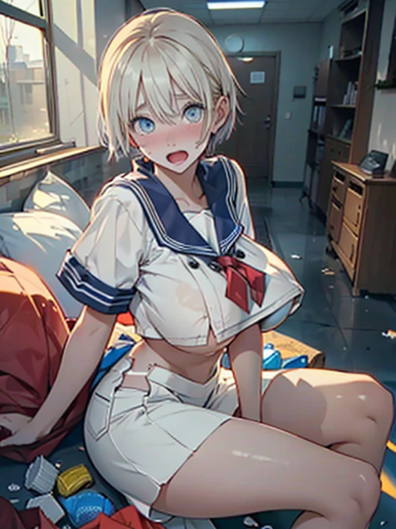(8k, RAW photo, best quality, masterpiece, soft cinematic lighting, soft color:1.4),(front view:1.7),( POV,looking  at viewer:1.7),(detaileds beautiful eyes focus,Close-up beautiful eyes:1.6),(realistic), (room full of trash background:1.5), (solo, mature woman,19years old,super beautiful face,super detaild beautiful eyes :1.5), {sailor uniform:1.1),(show off nipple:0.5),low-cut miniskirt,sheer :1.3}, (embarrassed,red Cheeks:1.25),bob cut hair, {{slicked back hair}}, white blonde color hair, clean skin, (smaller butt:0.5),(coverd nipple:0.8),(sagging huge long wide heavy breasts:1.5),(under boob:1.8), (thick, curvy:1.35),(1boy,sex,open leg:1.5),(open mouth:1.2),(arms behind back:0.8),(lying,on side:1.7),