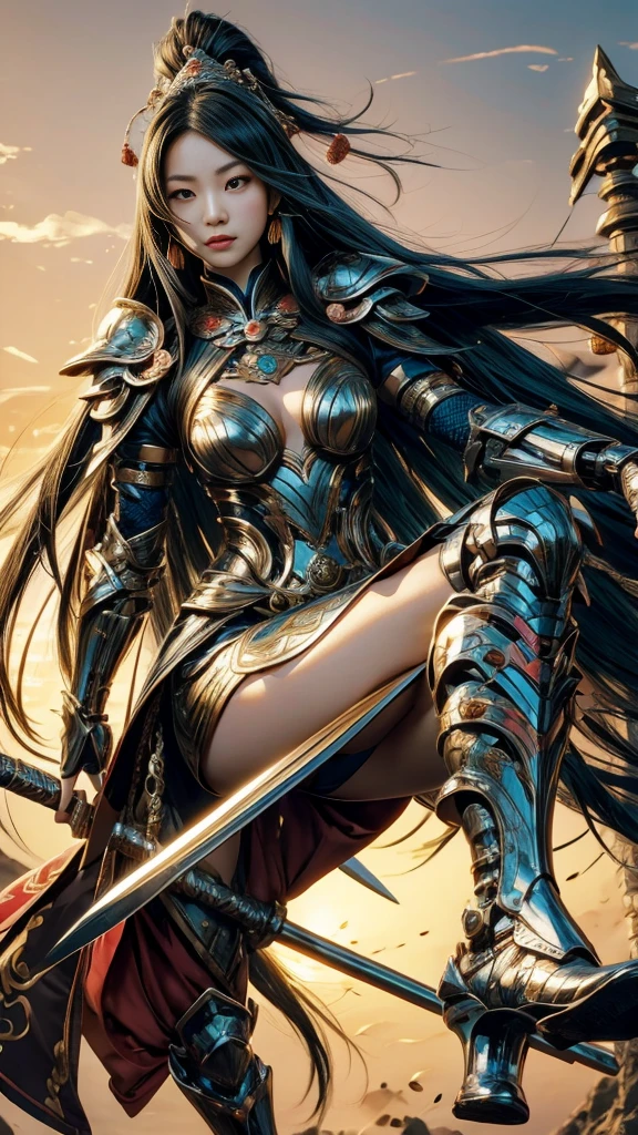 Chinese female warlord, National Foundation, Umbilical cord, Hair accessories, Scapula, Boot armor,  Halberd, Long hair, Takao hair