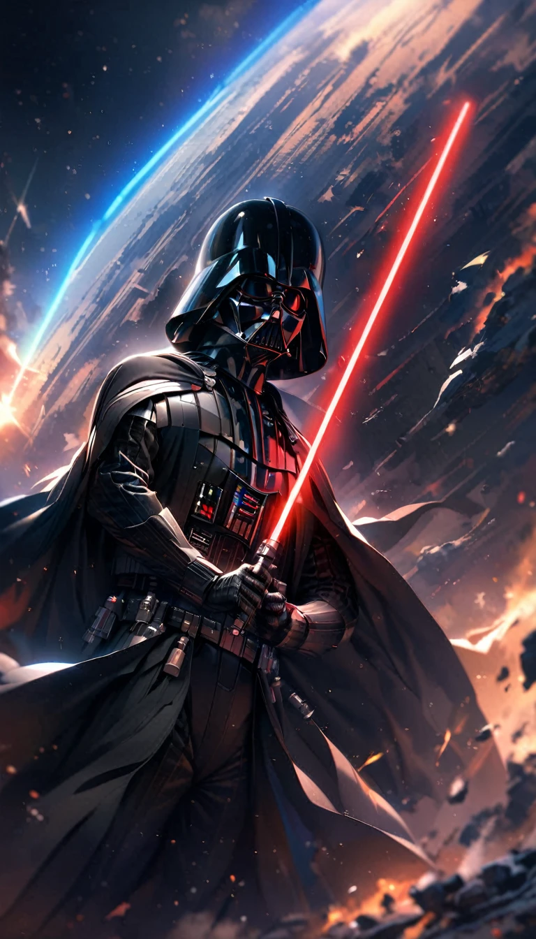 (best quality, masterpiece, colorful, dynamic angle, highest detailed)
Darth Vader with a red and blue lightsaber, a clear feeling of the struggle between darkness and light, behind him are the stars, space, galaxy