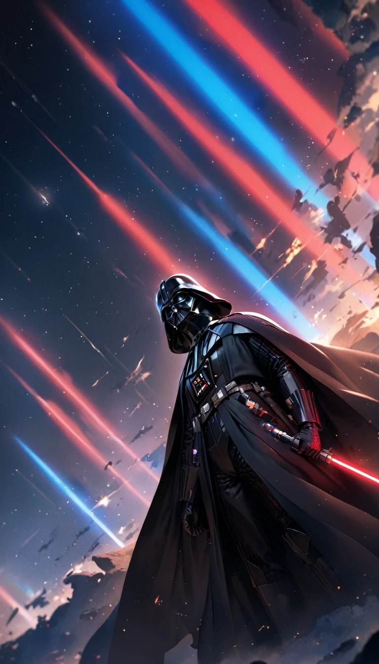 (best quality, masterpiece, colorful, dynamic angle, highest detailed)  
Darth Vader with a red and blue lightsaber, a clear feeling of the struggle between darkness and light, behind him are the stars, space, galaxy