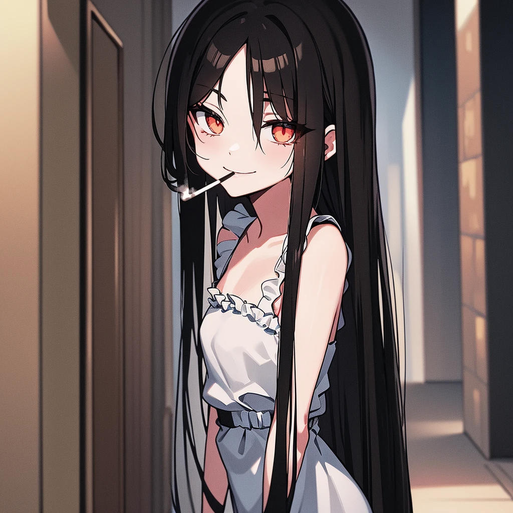A sad kidnapped anime girl crying with her long black hair tied in a bun at the back, her cheeks bright red, her mouth tied with a straight gray tape around it, wearing a red off-shoulder red outfit, wearing black pantyhose, sitting on the floor and her panties visible, her arms stuck together from behind and her chest stuck to her arms, her upper and lower chest and arms tied together with tape, her stomach and chest on the floor