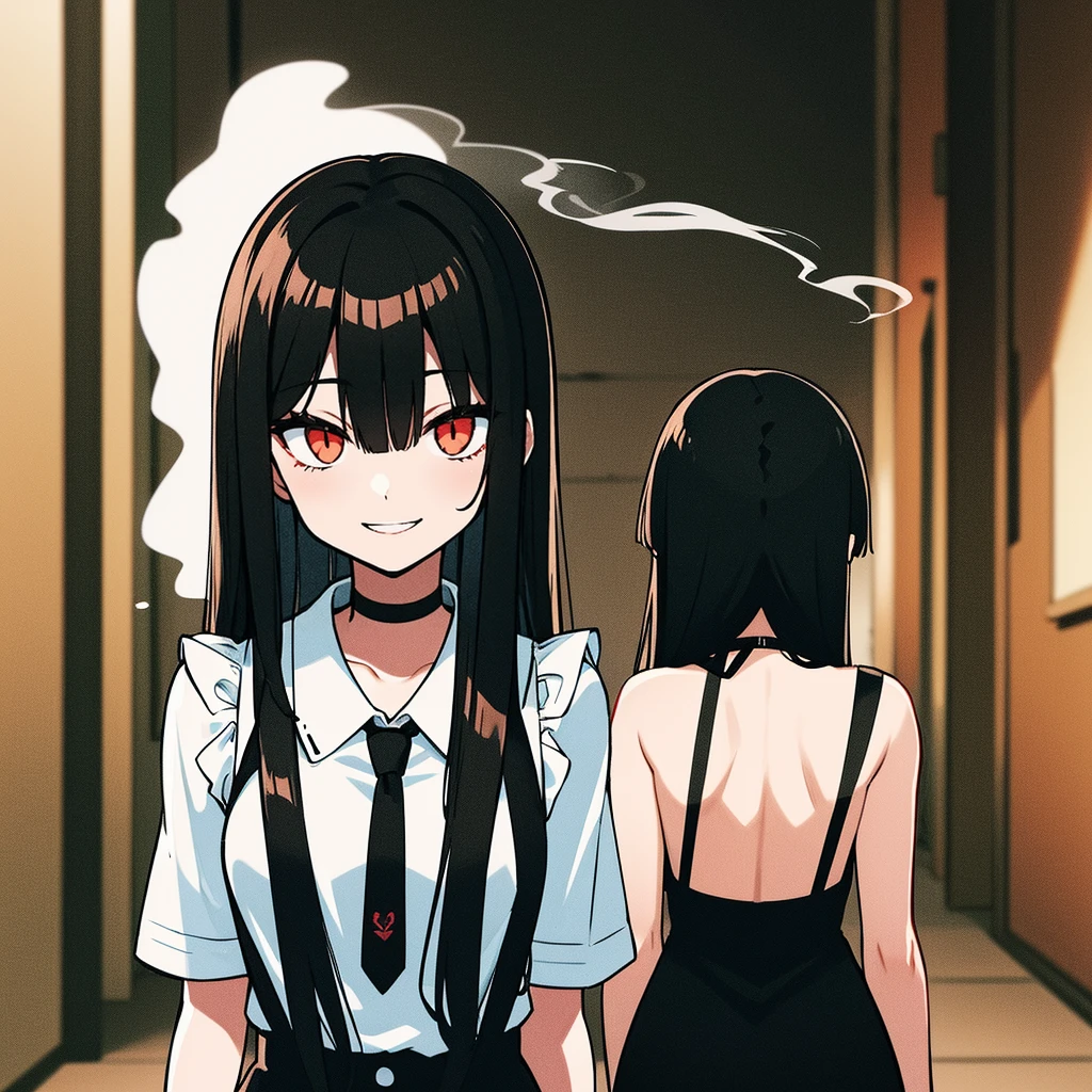 Smoking cigarettes Maid Long Black Hair The background is a back alley at night Fearless smile