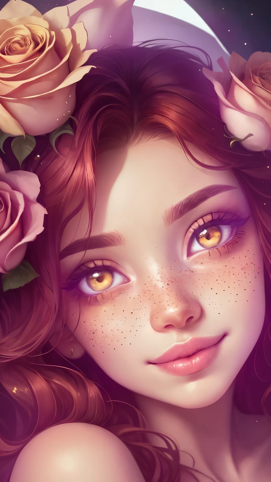 (This is a beautiful rainbow fantasy image that looks interesting and highlights the shine and iridescence.) Create a seductive woman with bright red curly hair and golden eyes. She has an important, perfectly shaped face with full lips and perfect features. The image radiates unearthly beauty and soft fantasy. Add cute and detailed birds and soft, shining flowers. The background of the image is decorated with pink hues, shimmer, glitter and fantastic details such as colored bubbles and space. Use a dynamic composition to create an irresistible and intense image. Spectacular lighting and cinematic photography emphasize the beauty of the woman and soft colors in the design. (((((Angle: head-on.))))) Add a fantasy, cute, colorful, colorful, interesting magic background, ((((golden eyes)))), (big eyes: 1,3), (smiling), (perfectly drawn solid white eyes), ((birthmark on the lip).), ((beautiful lips)), beautiful background, complex background, delicate background, barely noticeable freckles, natural freckles, Surround her with eternal roses of shimmering shades. Add unusual details such as stars, bubbles and sequins to create a charming look. Make sure that her face, hair and eyes are flawless. Combine elements of high fantasy, whimsicality and refined elegance. English rose, princess, sweet, charming, calm, charming, shimmering, sparkling astrological fantasy, (((masterpiece))), (top quality), magic rose, fantasy garden, beautiful face, perfect face, plump lips, red hair, interesting, shy smile, waist-high, fantasy elements, magic rose, beautiful eyes, perfect plump lips, precious tones, radiance