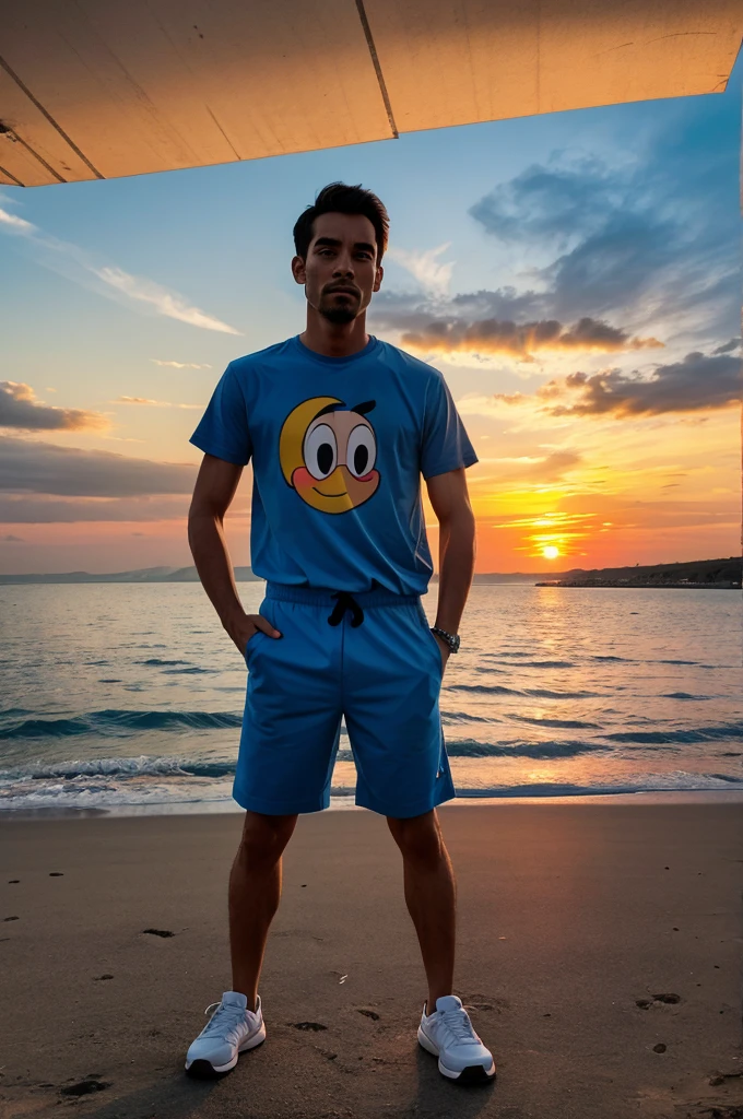 Cartoon man standing around sunset