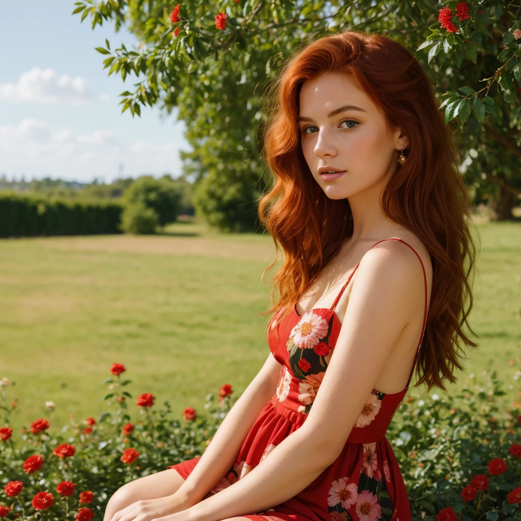 (((Masterpiece))), 25-year-old Caucasian French girl with shoulder-length messy red hair, adorned with , blooming hair akin to a royal . Captured in the best quality, this illustration serves as a 4K wallpaper, black and red short dress with floral patterns, sunny day.