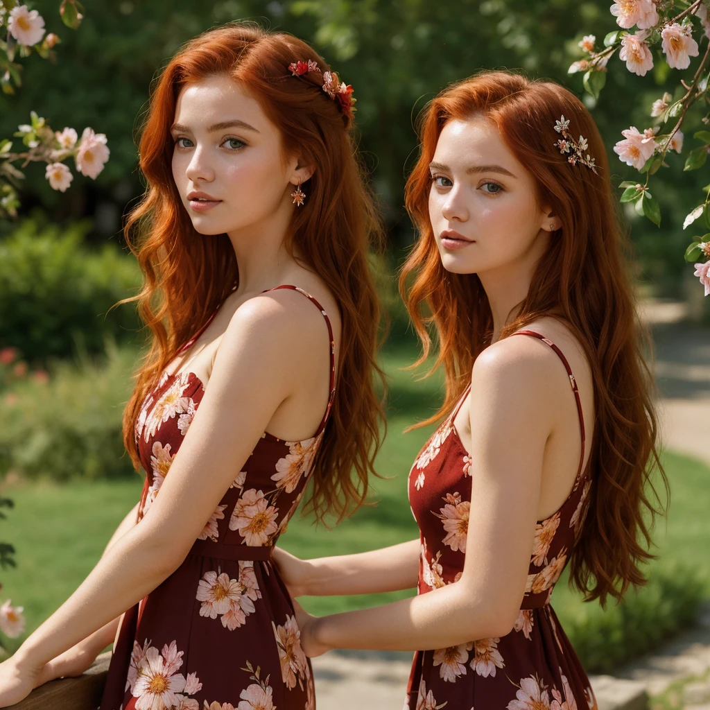 (((Masterpiece))), 25-year-old Caucasian French girl with shoulder-length messy red hair, adorned with , blooming hair akin to a royal . Captured in the best quality, this illustration serves as a 4K wallpaper, black and red short dress with floral patterns, sunny day.