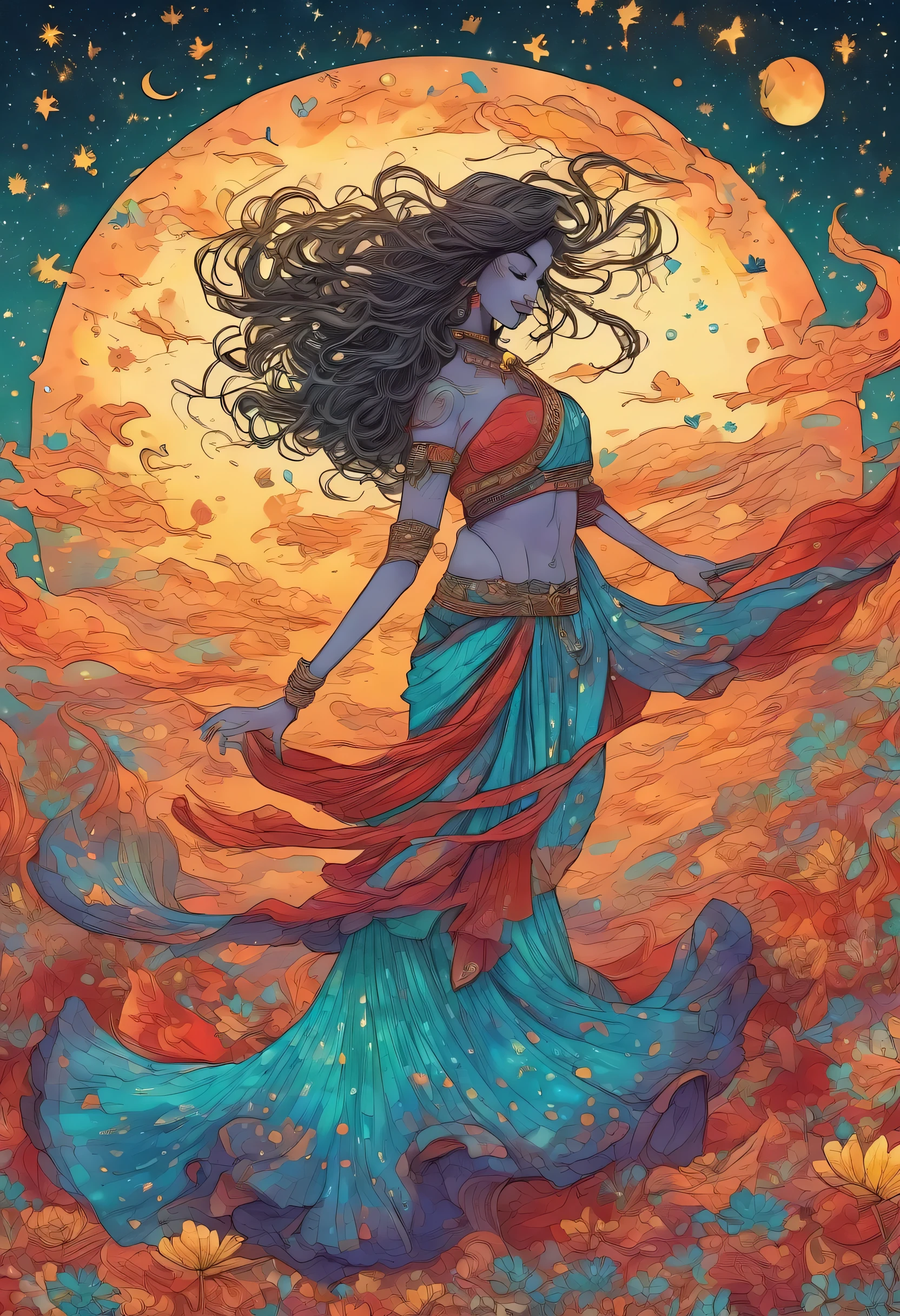 A female goddess dancing belly dance, Violent dancing pose、My hair is messy、Vishnu、sea-blue Indian traditional clothing、Red and yellow gradient outfit、 Pastel sky、Starry Sky、Spice Flower、 ginkgo leaf, Slope, Slope background, Slope sky, Indian traditional clothing、Hinduism、Slit eyes、Long Hair, moon, Spring background, Many colours in the sky, alone, Starry Sky、 Twilight, Many color background, Chaotic colored sky, Malachite's Theme, Pop Surrealism , Highest quality、Drawing paper texture、pop surrealism
pop art
drawing、Fractal Art