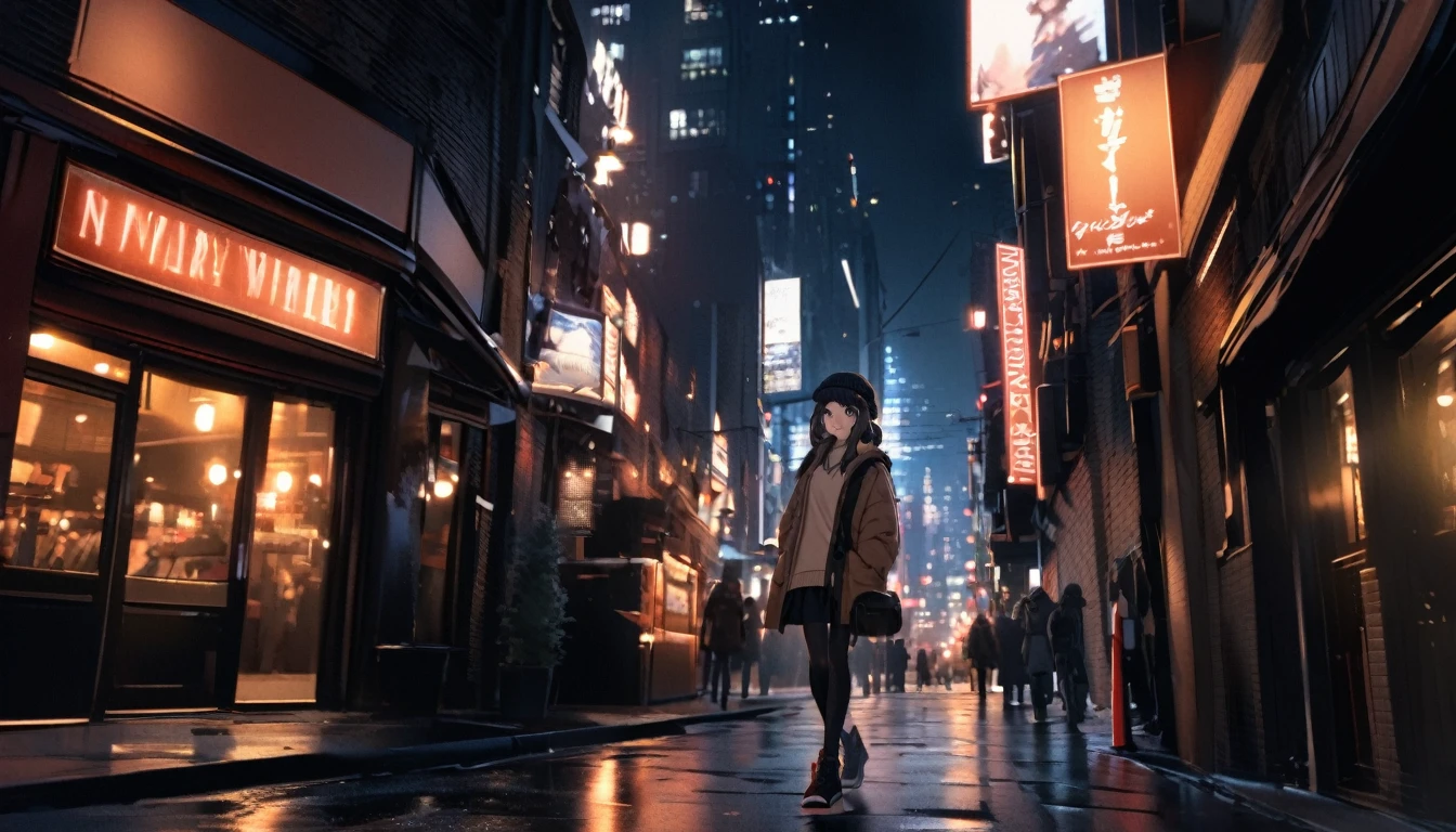 relaxed one brunette girl with headphones walks in streets of NYC. 22 years old, winter night. beautiful landscape of NYC in night sky, travel, tourist, sweater, gloves, black winter hat, long black hair, only the girl, full body