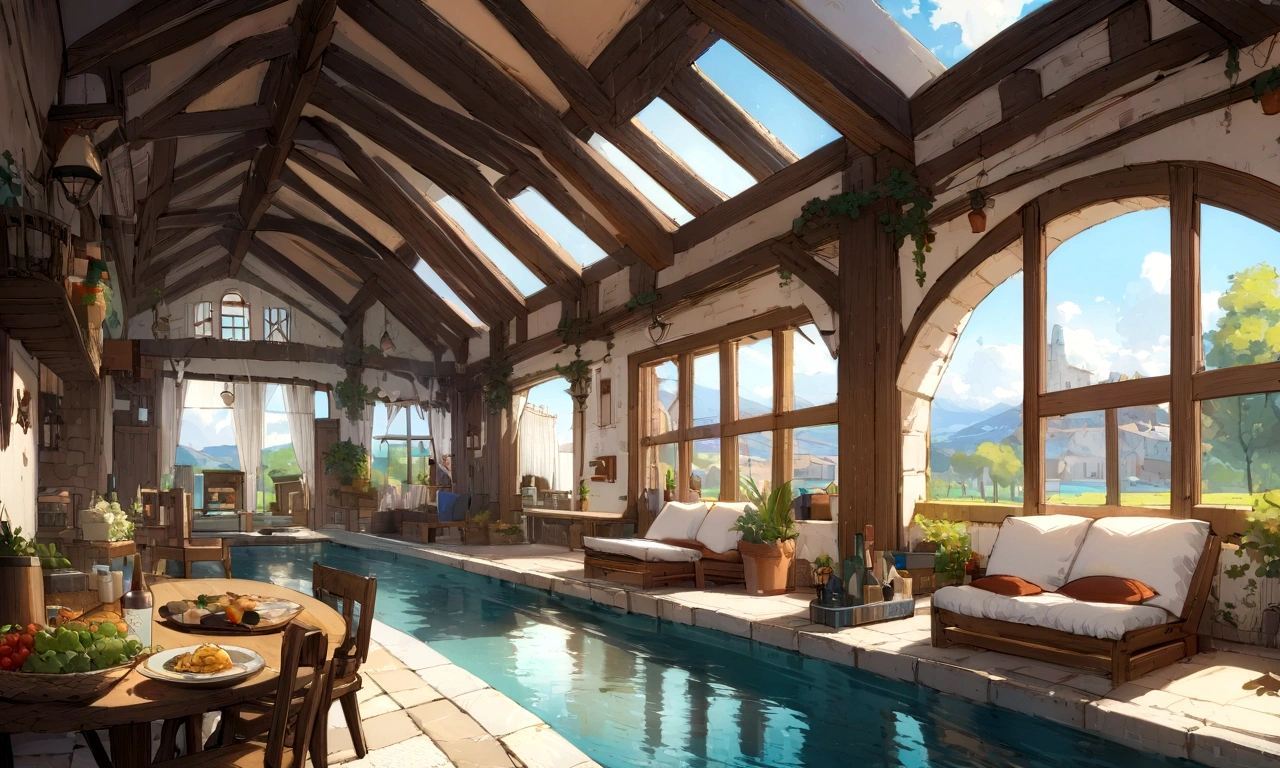 ((((masterpiece, Best Quality, High resolution)))), High detail, manga,anime,Illustrated style,Use of bright colors,Color scheme reminiscent of a daytime scene from a Ghibli studio, Medieval European fantasy worldview, Holiday home with pool, Sophisticated interior,There are many large beds lined up, A table in the center,The sunlight is streaming in through the window、A sparkling drink in the sunlight, Large space,No humans, RPG-like scenery, There is beer, wine and delicious food on the table., The sky is bright blue、Fluffy white clouds floating, And the sun is shining brightly, Create a magical and cozy atmosphere, Bright daytime atmosphere.