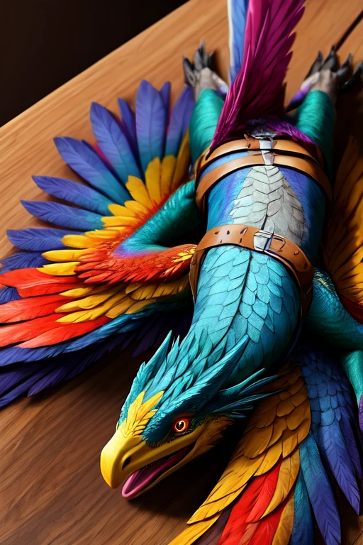  Colorful feathered Dead wyvern laying on the table. Wings spread out. Strapped to the table. Mouth open, close up. Photorealistic. Head on the edge of the table