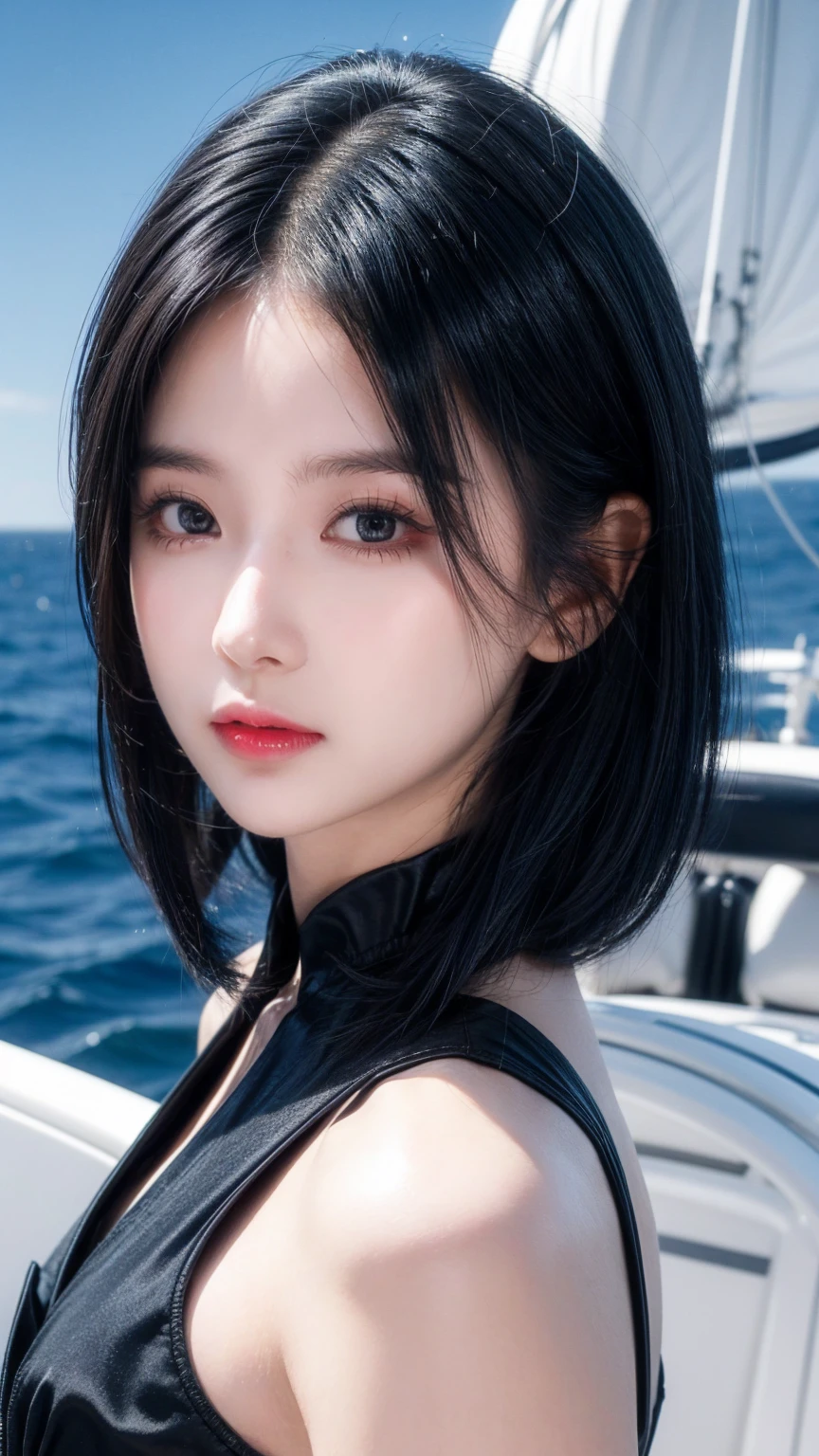 best quality, 1 Girl, dark blue hair, black eyes, Very short hair, Spiky hair, black dress luxury, 171 cm, Messy hair, Hair between the eyes, Medium breasts, full, Tomboy, aldult, 20 years old, 1 Girl with yatch black luxury at the sea