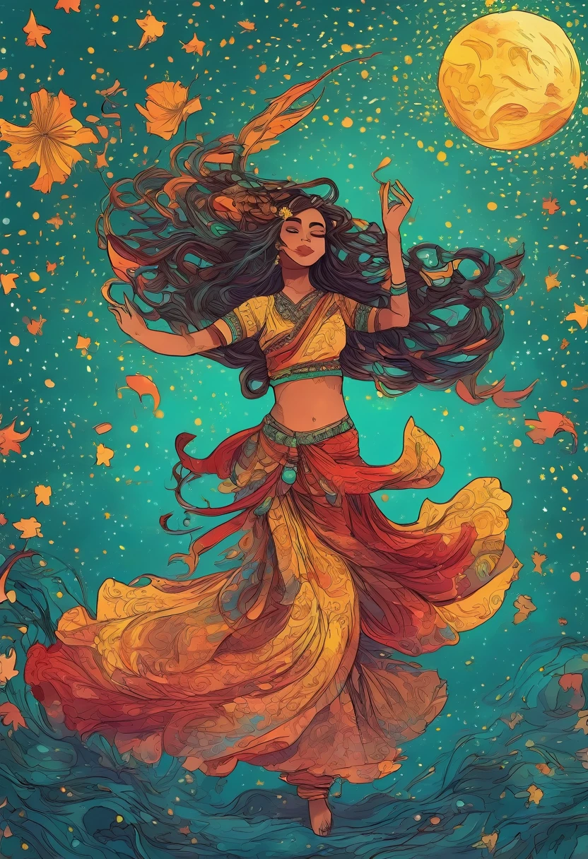 A female goddess dancing belly dance, Violent dancing pose、My hair is messy、Vishnu、sea-blue Indian traditional clothing、Red and yellow gradient outfit、 Pastel sky、Starry Sky、Spice Flower、 ginkgo leaf, Slope, Slope background, Slope sky, Indian traditional clothing、Hinduism、Slit eyes、Long Hair, moon, Spring background, Many colours in the sky,  alone, Starry Sky、 Twilight, Many color background, Chaotic colored sky, Malachite&#39;s Theme, Pop Surrealism , Highest quality、Drawing paper texture、pop surrealism
pop art
drawing、Fractal Art