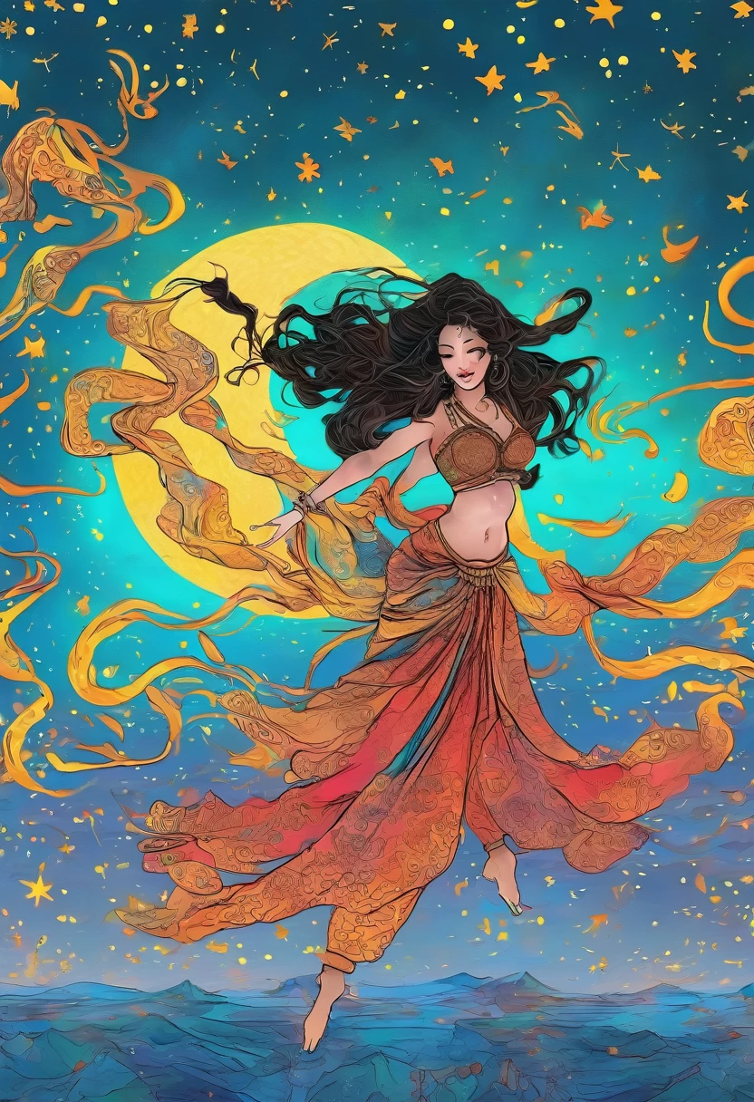 A female goddess dancing belly dance, Violent dancing pose、My hair is messy、Vishnu、sea-blue Indian traditional clothing、Red and yellow gradient outfit、 Pastel sky、Starry Sky、Spice Flower、 ginkgo leaf, Slope, Slope background, Slope sky, Indian traditional clothing、Hinduism、Slit eyes、Long Hair, moon, Spring background, Many colours in the sky,  alone, Starry Sky、 Twilight, Many color background, Chaotic colored sky, Malachite&#39;s Theme, Pop Surrealism , Highest quality、Drawing paper texture、pop surrealism
pop art
drawing、Fractal Art