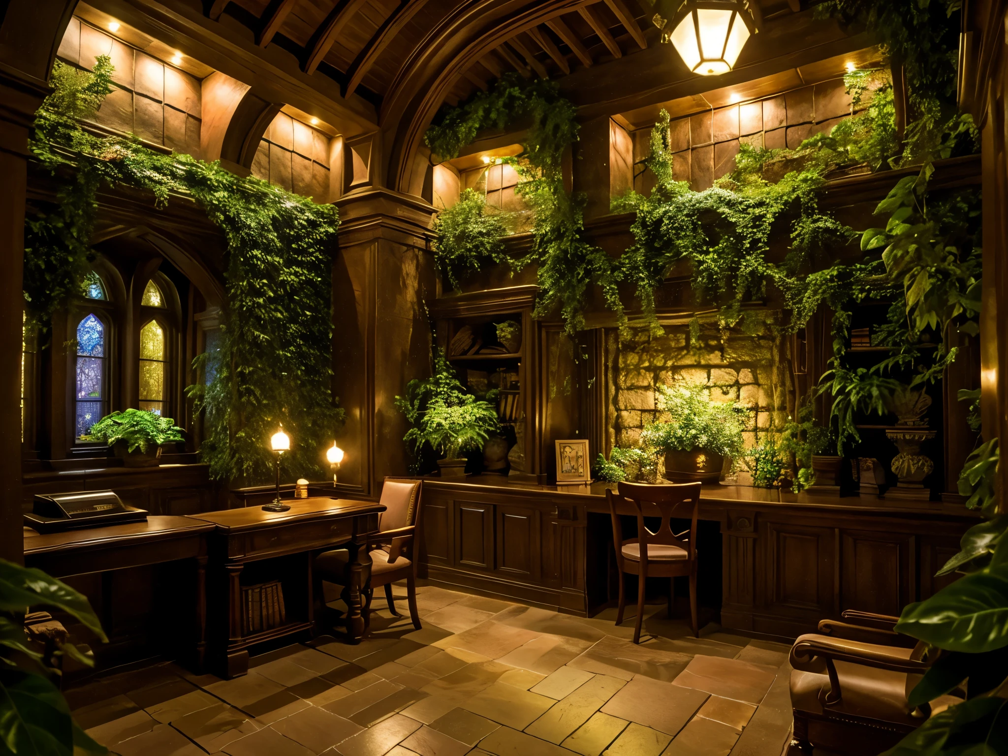 masterpiece, 4k, slightly dim light, harry potter, with some magical decorations, study room, lighter and warmer color with plants