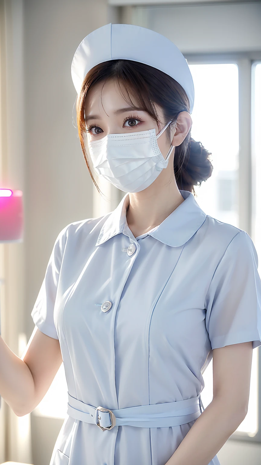 (Tabletop、Highest quality、8K、Award-winning works、Ultra-high resolution)、(one beautiful nurse:1.1)、(Perfect white nurse uniform:1.1)、(White Mask:1.1)、Accurate anatomy、(The background of the hospital room is strongly blurred:1.1)、very bright white lighting、(Face close-up:1.2)、Perfect beautiful makeup、Great cinema lighting、Tyndall effect、Elegantly upright