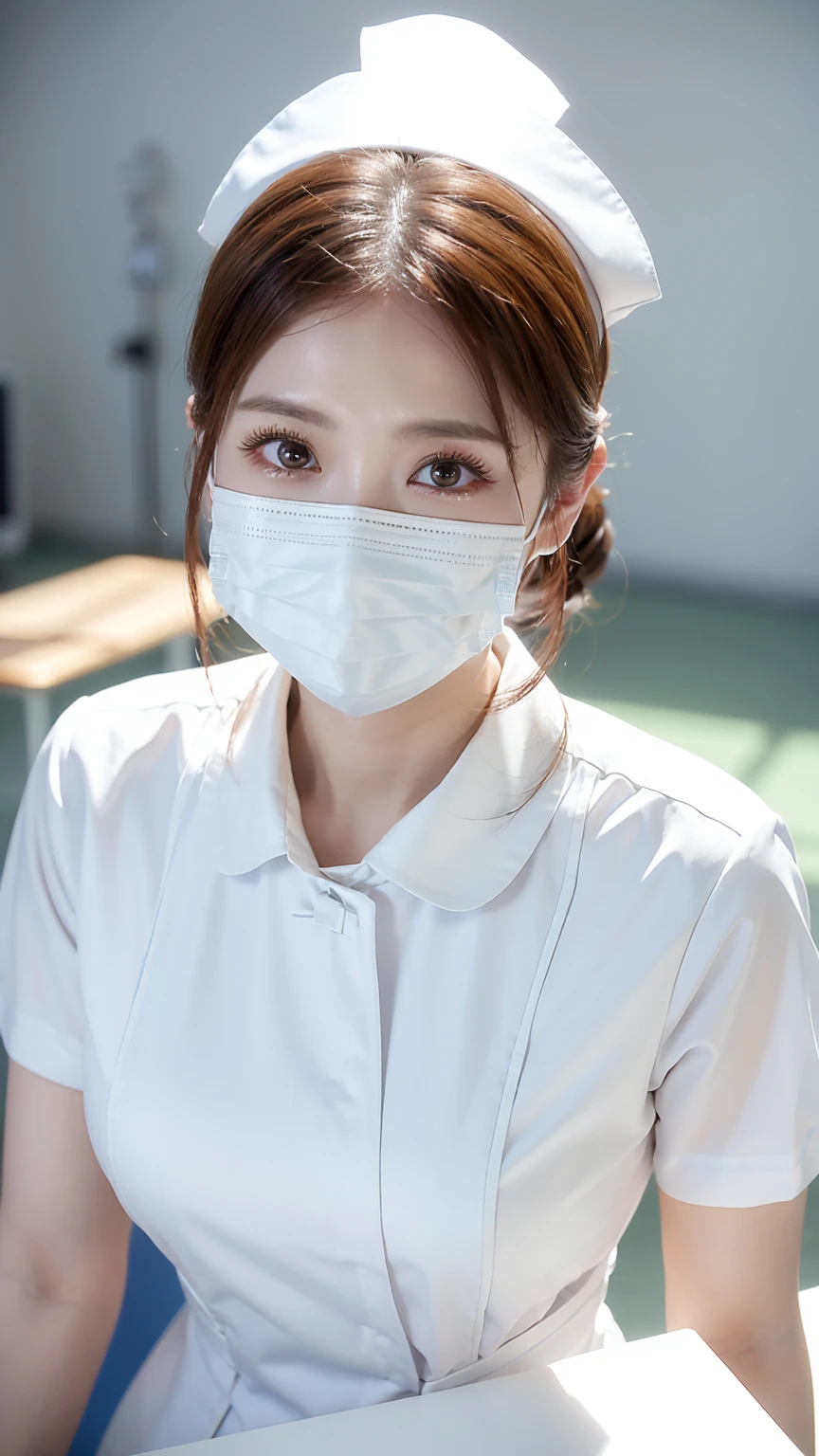 (Tabletop、Highest quality、8k、Award-winning works、Ultra-high resolution)、(one beautiful nurse:1.1)、(Perfect white nurse uniform:1.1)、(White Mask:1.1)、Accurate anatomy、(The background of the hospital room is strongly blurred:1.1)、very bright white lighting、(Face close-up:1.2)、Perfect beautiful makeup、Great cinema lighting、Tyndall effect、Elegantly upright