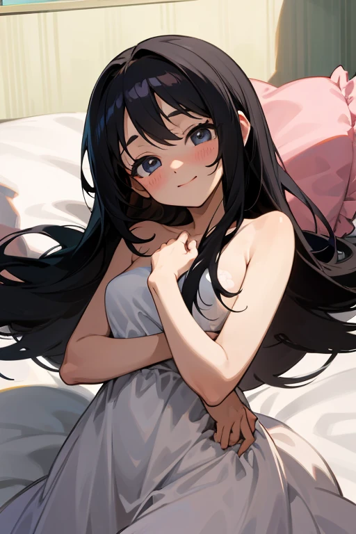 Naked, on the bed, with a bashful look on her face. masterpiece, best quality, 1girl, young girl, long hair, black hair, big eyes, wearing a frilly dress, cheerful expression, (anime style:1.2)
