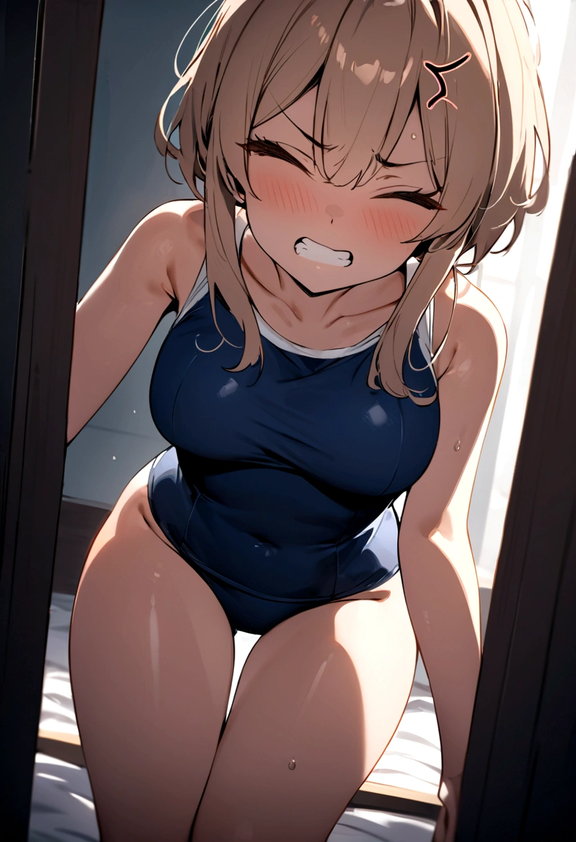 ((highest quality, masterpiece :1.3)), 12 year old Japanese beautiful girl、Navy blue school swimsuit、Large breasts、Panting in anger、Close your eyes、Gritting your teeth and enduring、Above the knee shot