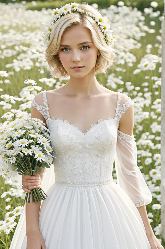 Slim, blonde twink with short fluffy hair,Crown of flowers pretty face, wearing white smooth long weding dress up to the shoulder sleeved transparency arms small bouquet daisies background church