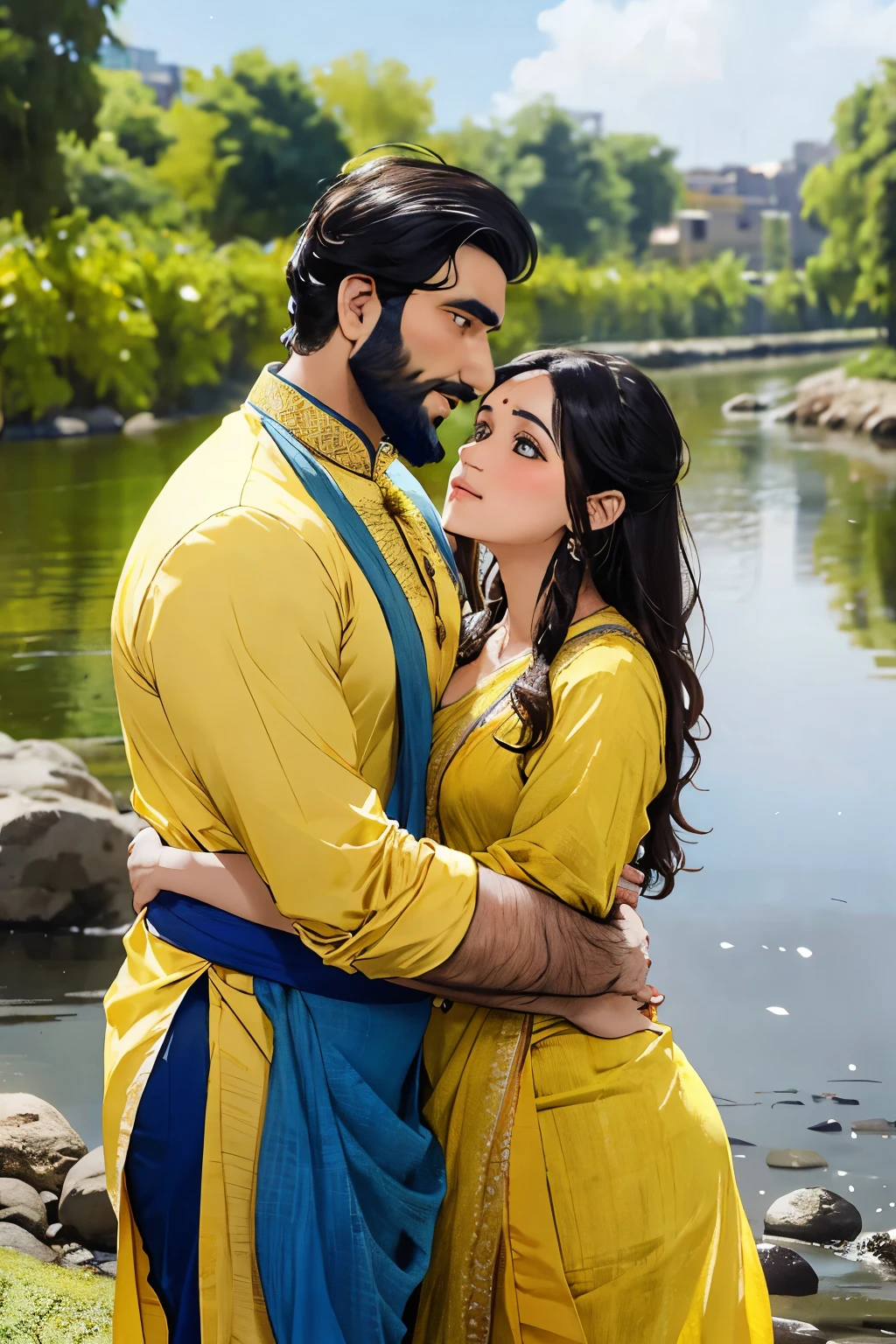 A bearded punjabi guy wearing a yellow kurta but not wearing any turban is Kissing on forehead of a chubby girl wearing a Blue sari infront of a river bank
