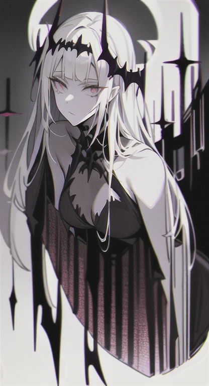 Queen Lillie, spiked wings, silver hair, dark castle, obsidian armor, pale white skin, ghostly appearance,