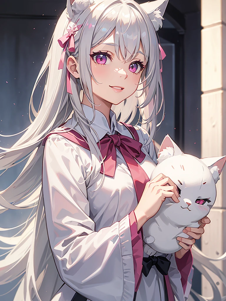 Highly detailed face,fine grain,Waterfront,Highlighted eyes, medium breasts ,pretty girl, smile shyly,Cat ear,Beautiful silver hair,Pink inside,Beautiful pink eyes,shiny skin, beautiful shadow,White sailor uniform,ribbon,letter,