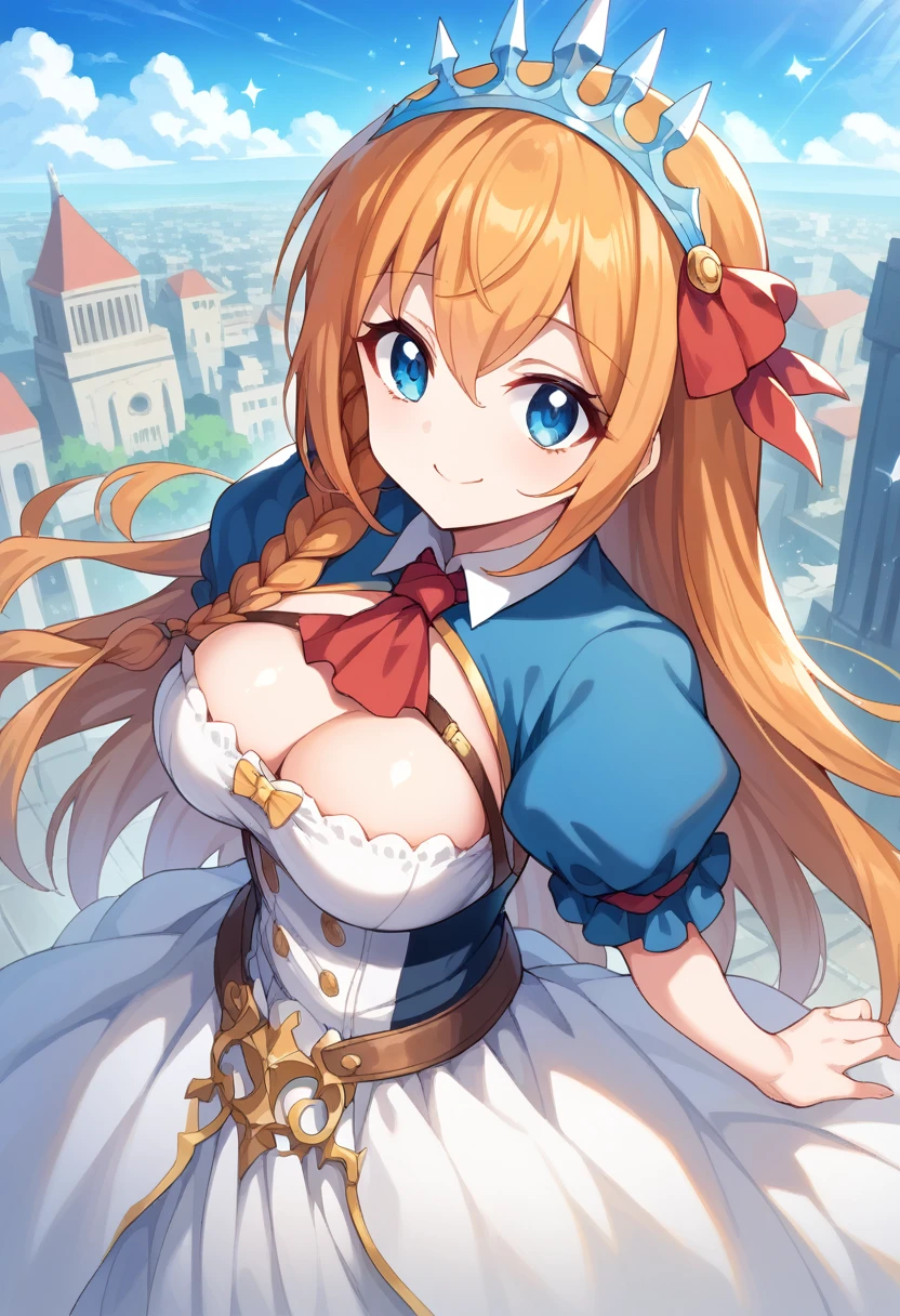 anime style, high view, pecorine, mature female, blue eyes, big chest, hair ornament, long hair, orange hair, tiara, braid, hair braid, standing, smile, hand back body, city, future city theme, Volumetric light, Volumetric particles,